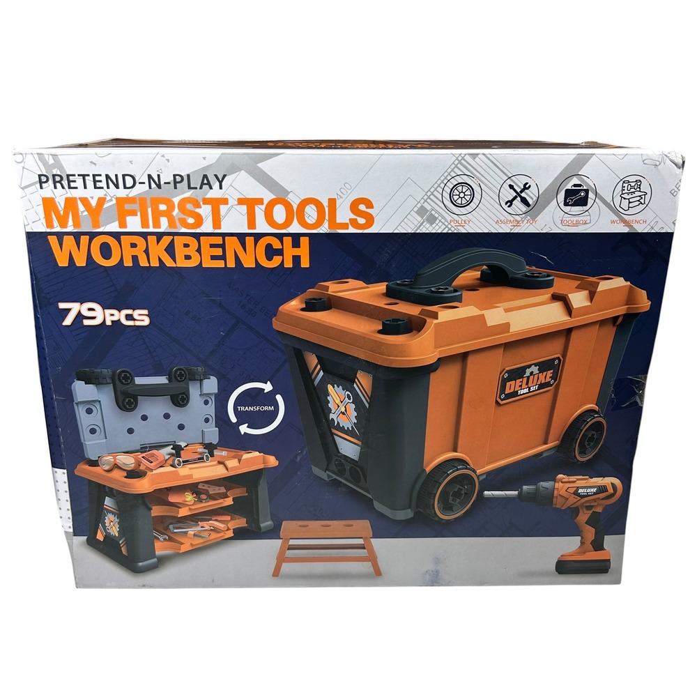 Pretend-N-Play My First Tools Workbench 79 Pcs 3-in-1 Kids Tool Set Orange Black